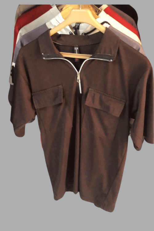 Drop Shoulder Double Pocket Brown Tshirt