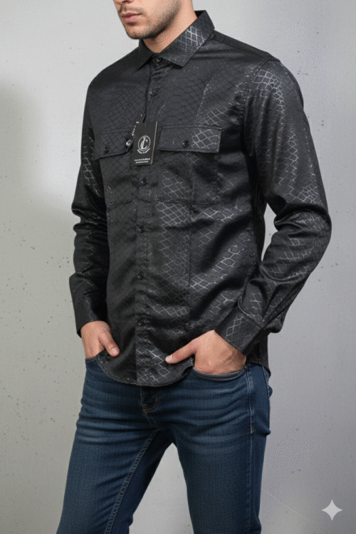 Regular full sleeve Black Printed Shirt Double Pocket