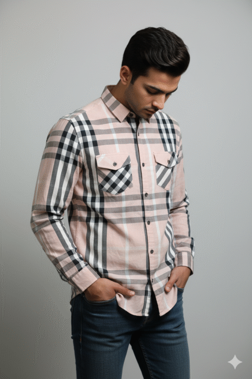 Regular full sleeve check shirt peach