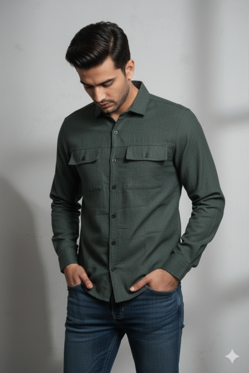 Regular full sleeve Plain Kai Green Shirt Double Pocket