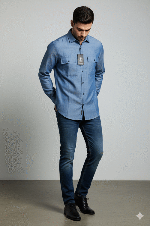 Regular full sleeve Light Blue Denim Shirt Double Pocket