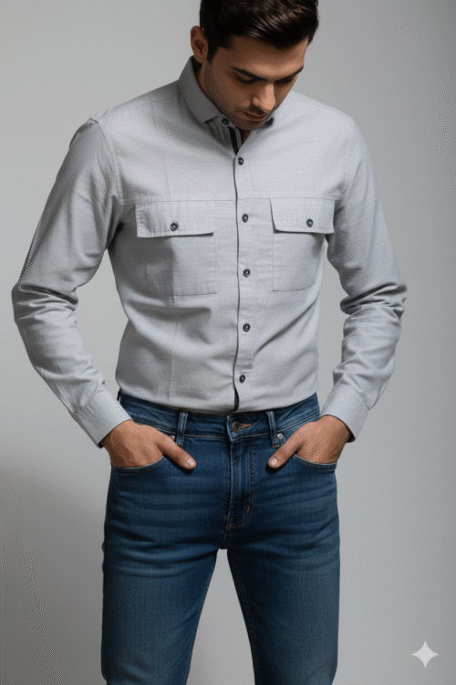 Regular full sleeve Plain Gray Shirt Double Pocket