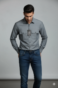 Regular full sleeve Slate Gray Denim Shirt Double Pocket