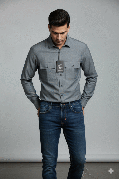 Regular full sleeve Slate Gray Denim Shirt Double Pocket
