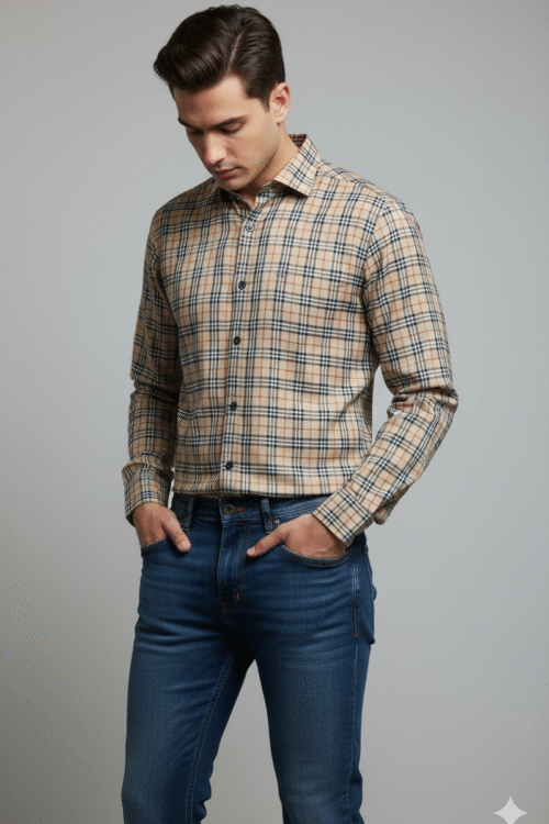Regular full sleeve check shirt camel