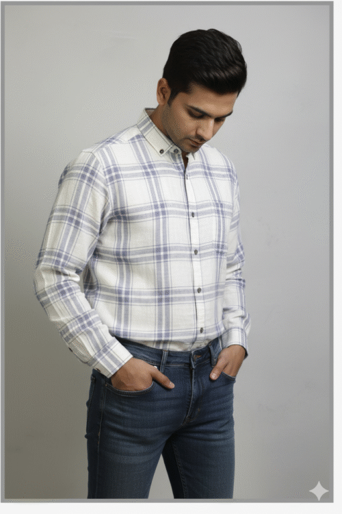 Regular full sleeve check shirt cream with light purple